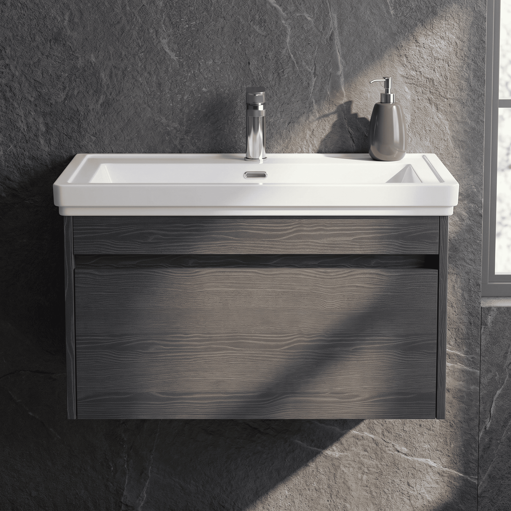 [BFLW2296A] Swainsley Contemporary Wall Hung 1 Drawer Vanity Unit with Traditional 1 Tap Hole Fireclay Basin - Choice of Size and Colour - Silo
