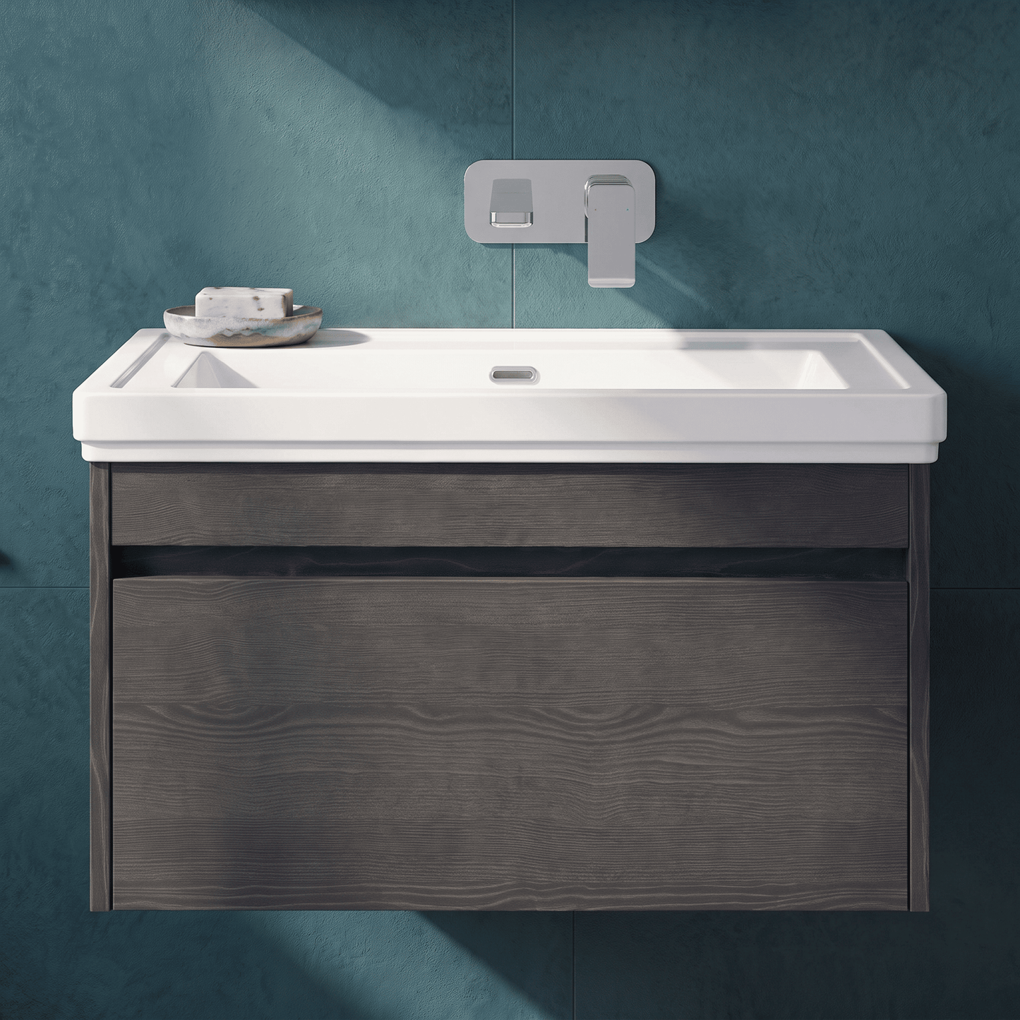 [BFLW2296H] Swainsley Contemporary Wall Hung 1 Drawer Vanity Unit with Traditional 0 Tap Hole Fireclay Basin - Choice of Size and Colour - Silo