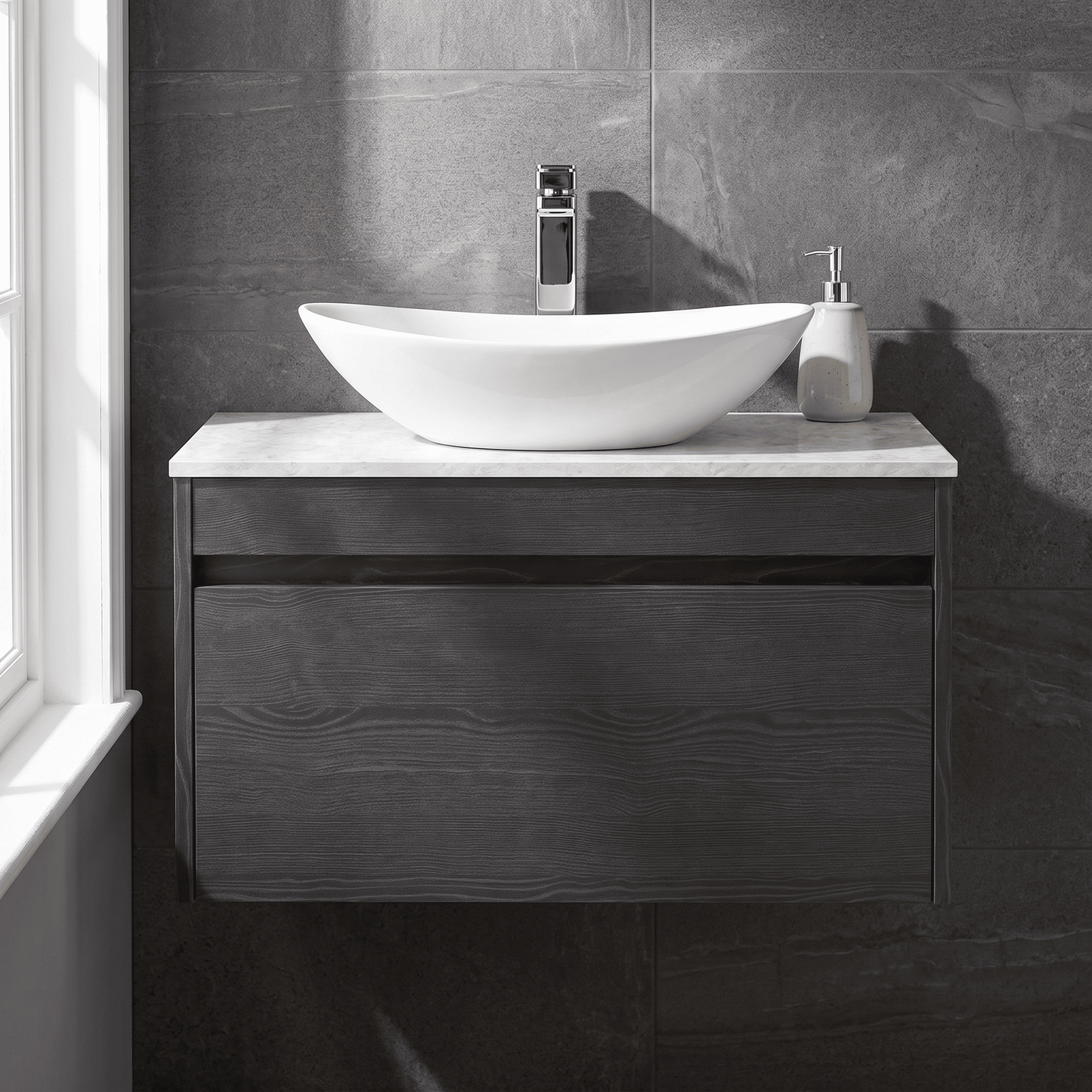 [BFLW2296WMT] Swainsley Contemporary Wall Hung 1 Drawer Vanity Unit with White Marble Top - Choice of Size and Colour - Silo