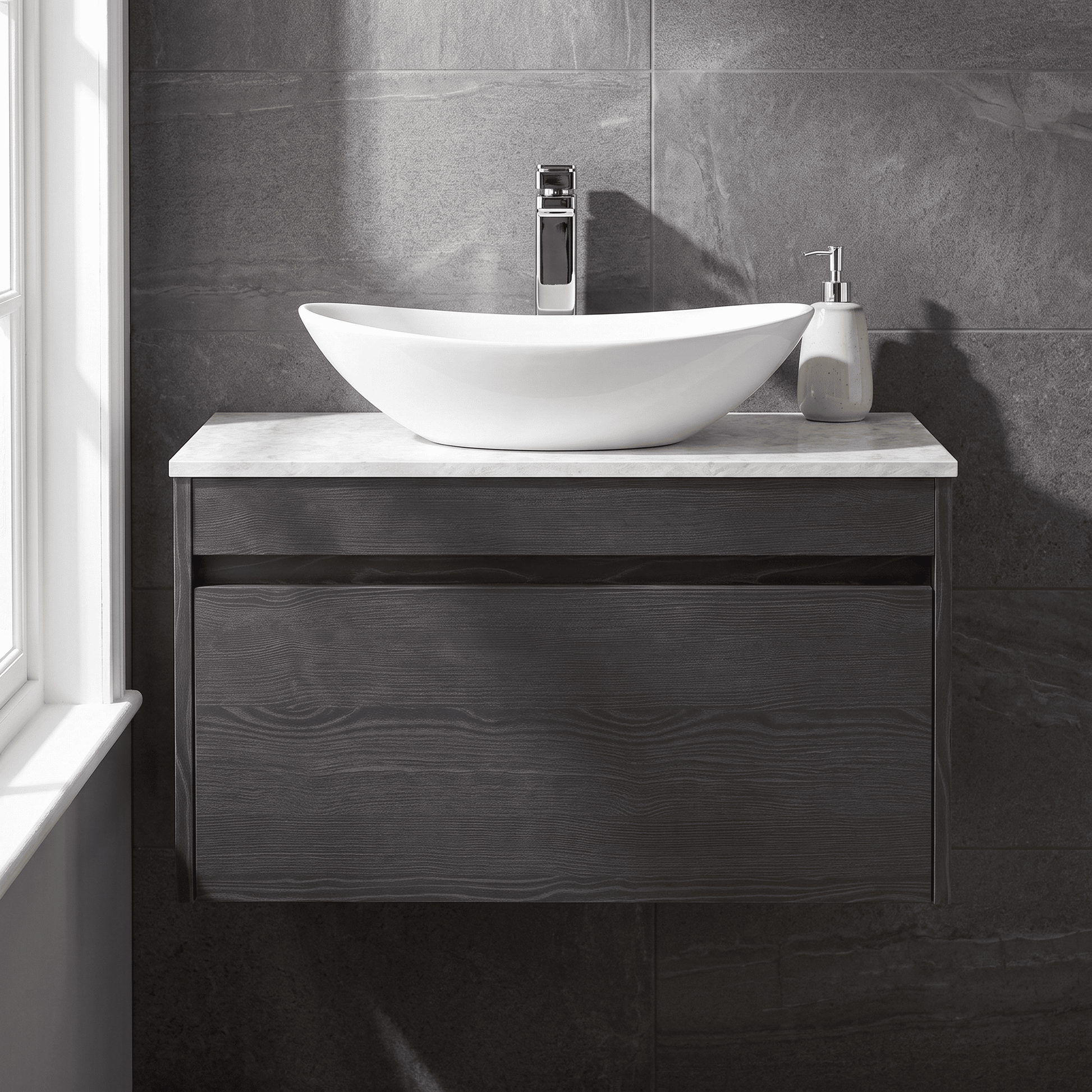 [BFLW2296WMT] Swainsley Contemporary Wall Hung 1 Drawer Vanity Unit with White Marble Top - Choice of Size and Colour - Silo