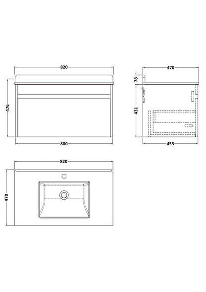 [BFLW2296WS1] Swainsley Contemporary Wall Hung 1 Drawer Vanity Unit with Marble Top with Basin - Choice of Size and Colour - Technical Drawing