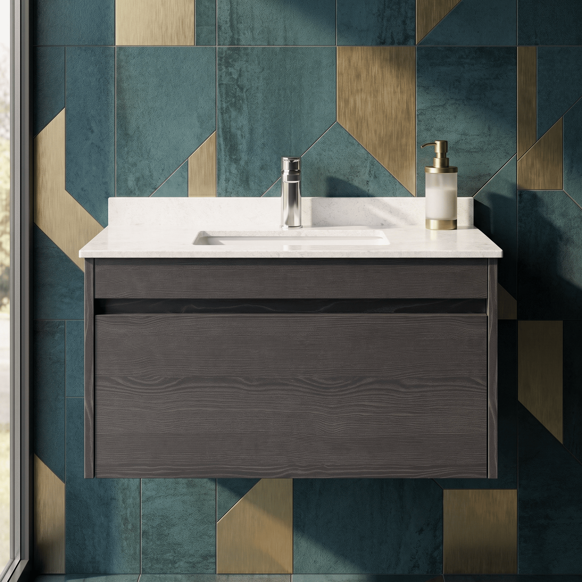 [BFLW2296WS1] Swainsley Contemporary Wall Hung 1 Drawer Vanity Unit with Marble Top with Basin - Choice of Size and Colour - Silo