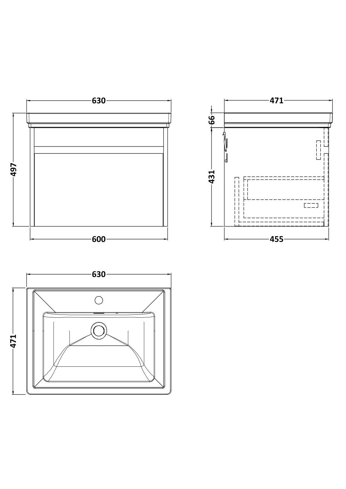 [BFLW3094A] Swainsley Contemporary Wall Hung 1 Drawer Vanity Unit with Traditional 1 Tap Hole Fireclay Basin - Choice of Size and Colour - Technical Drawing