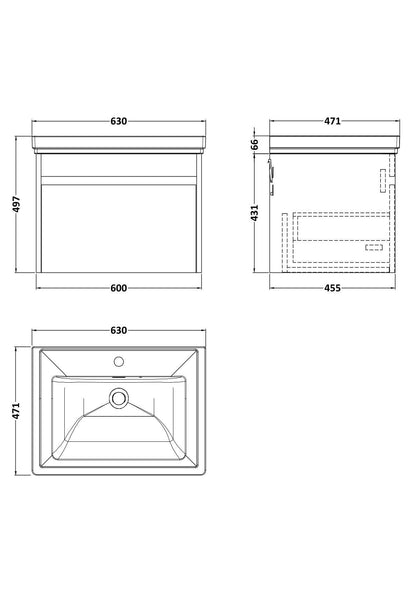 [BFLW3094A] Swainsley Contemporary Wall Hung 1 Drawer Vanity Unit with Traditional 1 Tap Hole Fireclay Basin - Choice of Size and Colour - Technical Drawing