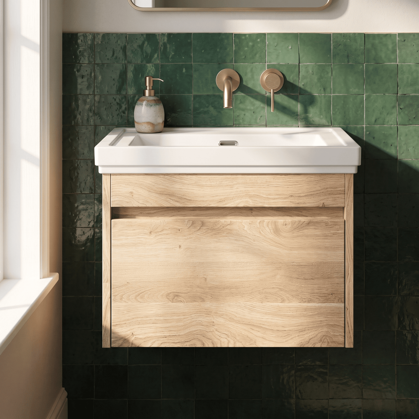 [BFLW3094H] Swainsley Contemporary Wall Hung 1 Drawer Vanity Unit with Traditional 0 Tap Hole Fireclay Basin - Choice of Size and Colour - Silo