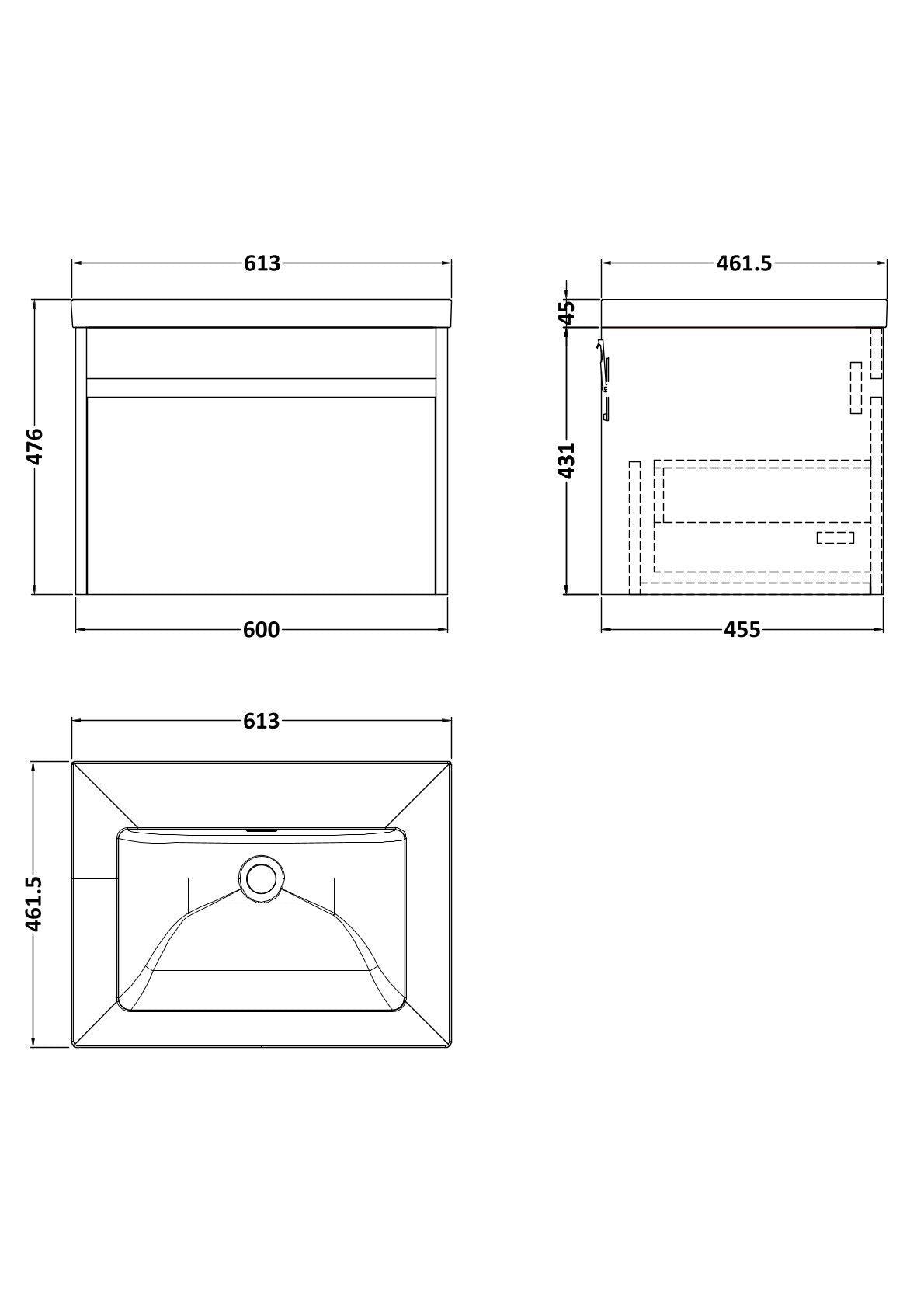 [BFLW3094K] Swainsley Contemporary Wall Hung 1 Drawer Vanity Unit with 0 Tap Hole Fireclay Basin - Choice of Size and Colour - Technical Drawing