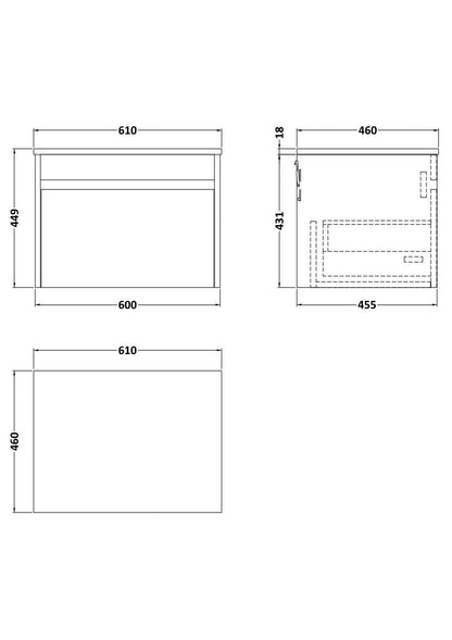 [BFLW3094WMT] Swainsley Contemporary Wall Hung 1 Drawer Vanity Unit with White Marble Top - Choice of Size and Colour - Technical Drawing