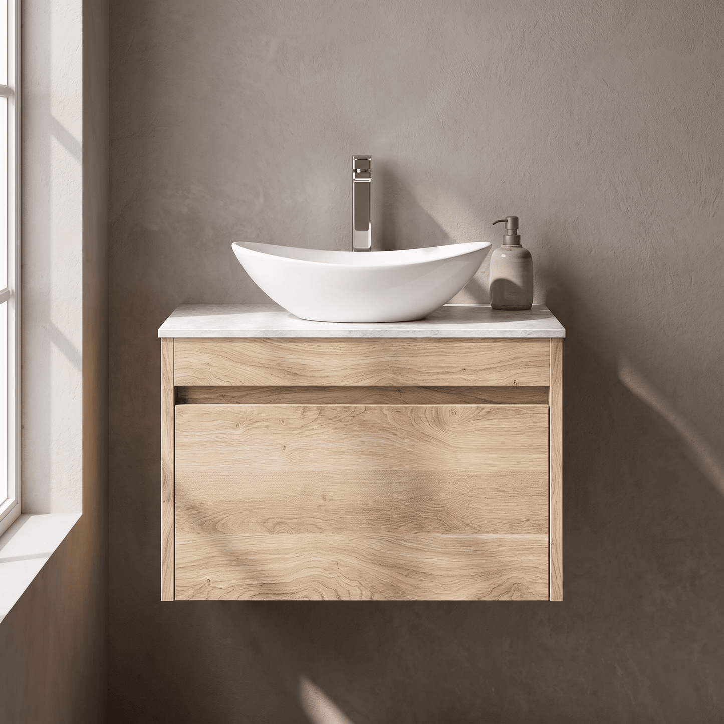 [BFLW3094WMT] Swainsley Contemporary Wall Hung 1 Drawer Vanity Unit with White Marble Top - Choice of Size and Colour - Silo