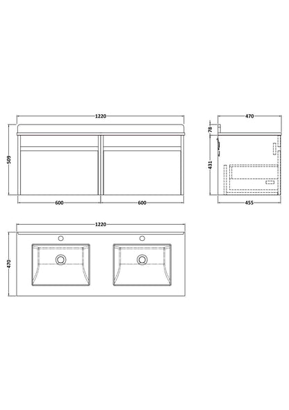 [BFLW3094WS2] Swainsley Contemporary Wall Hung 2 Drawer 1200mm Vanity Unit with Marble Top with Basin - Choice of Colour - Technical Drawing