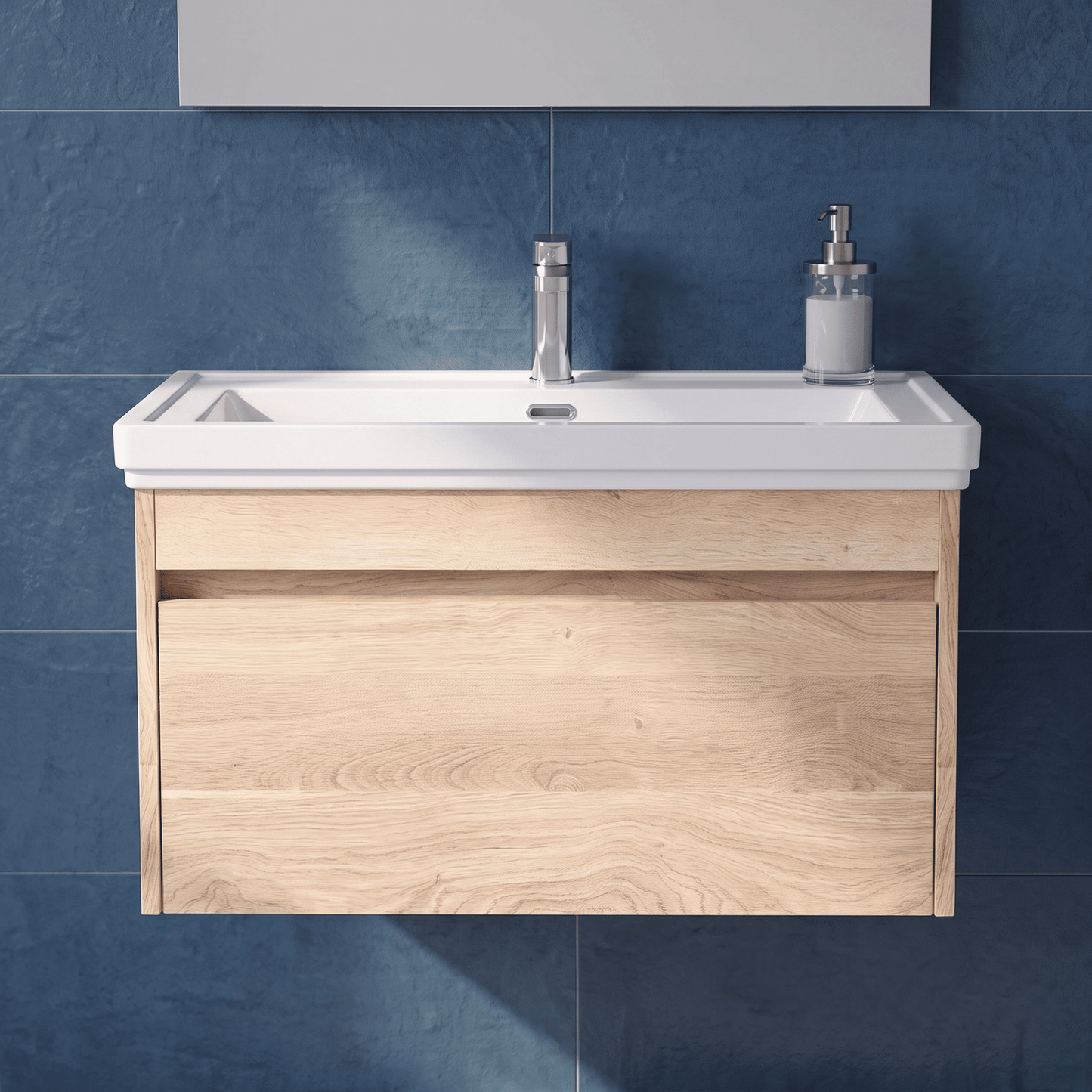 [BFLW3096A] Swainsley Contemporary Wall Hung 1 Drawer Vanity Unit with Traditional 1 Tap Hole Fireclay Basin - Choice of Size and Colour - Silo