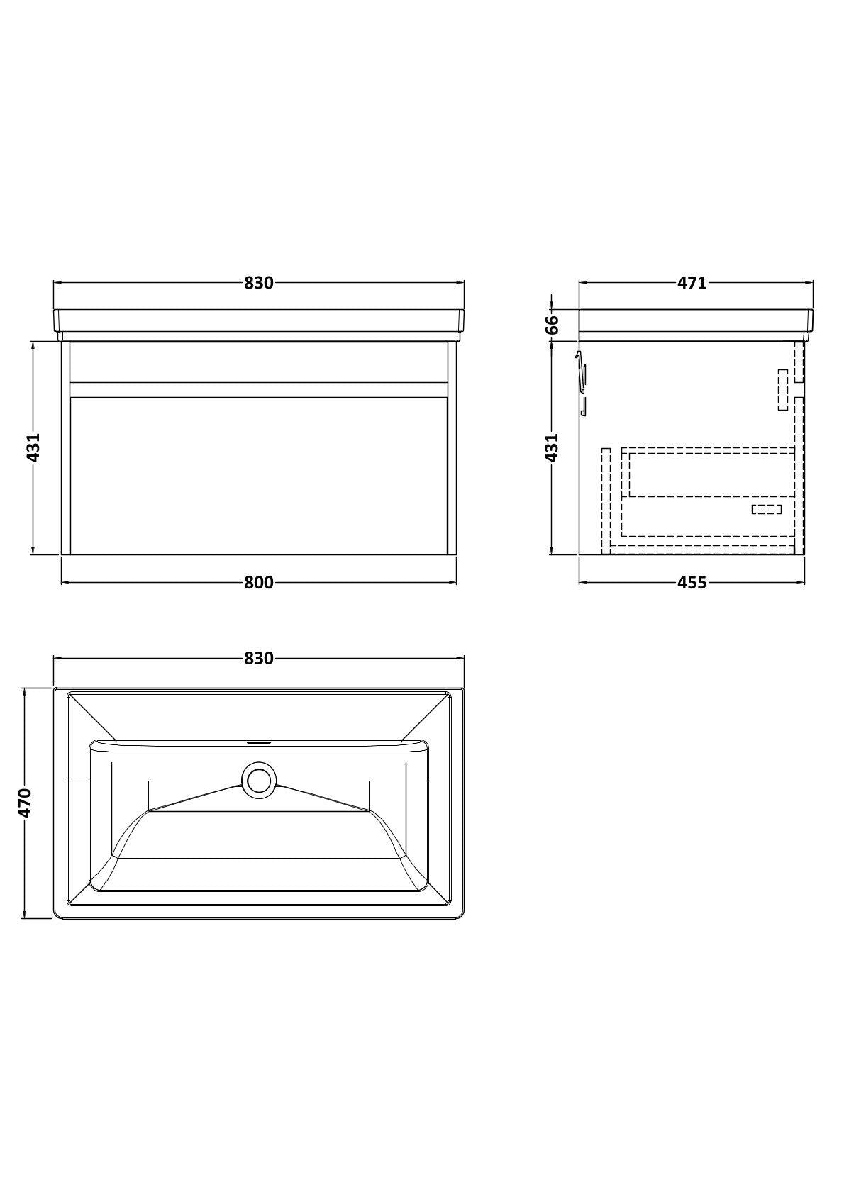 [BFLW3096H] Swainsley Contemporary Wall Hung 1 Drawer Vanity Unit with Traditional 0 Tap Hole Fireclay Basin - Choice of Size and Colour - Technical Drawing