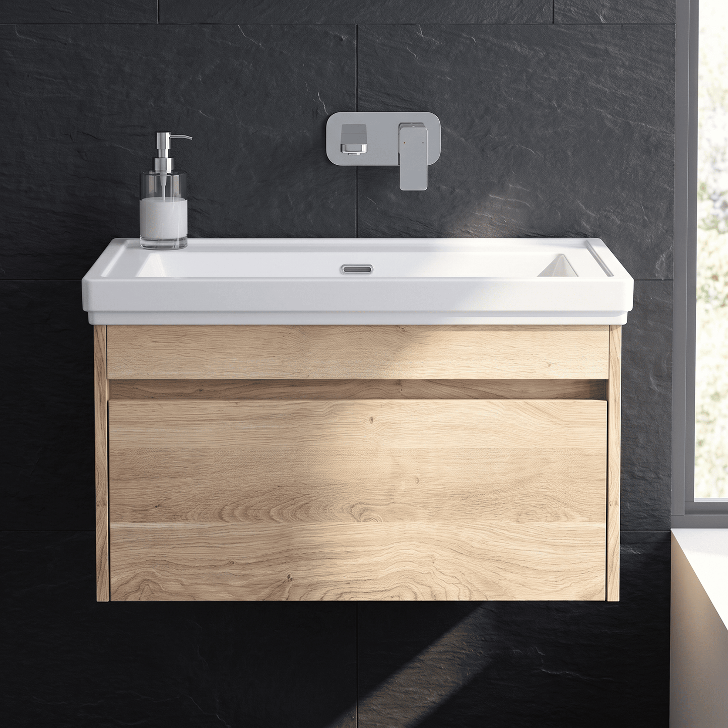 [BFLW3096H] Swainsley Contemporary Wall Hung 1 Drawer Vanity Unit with Traditional 0 Tap Hole Fireclay Basin - Choice of Size and Colour - Silo