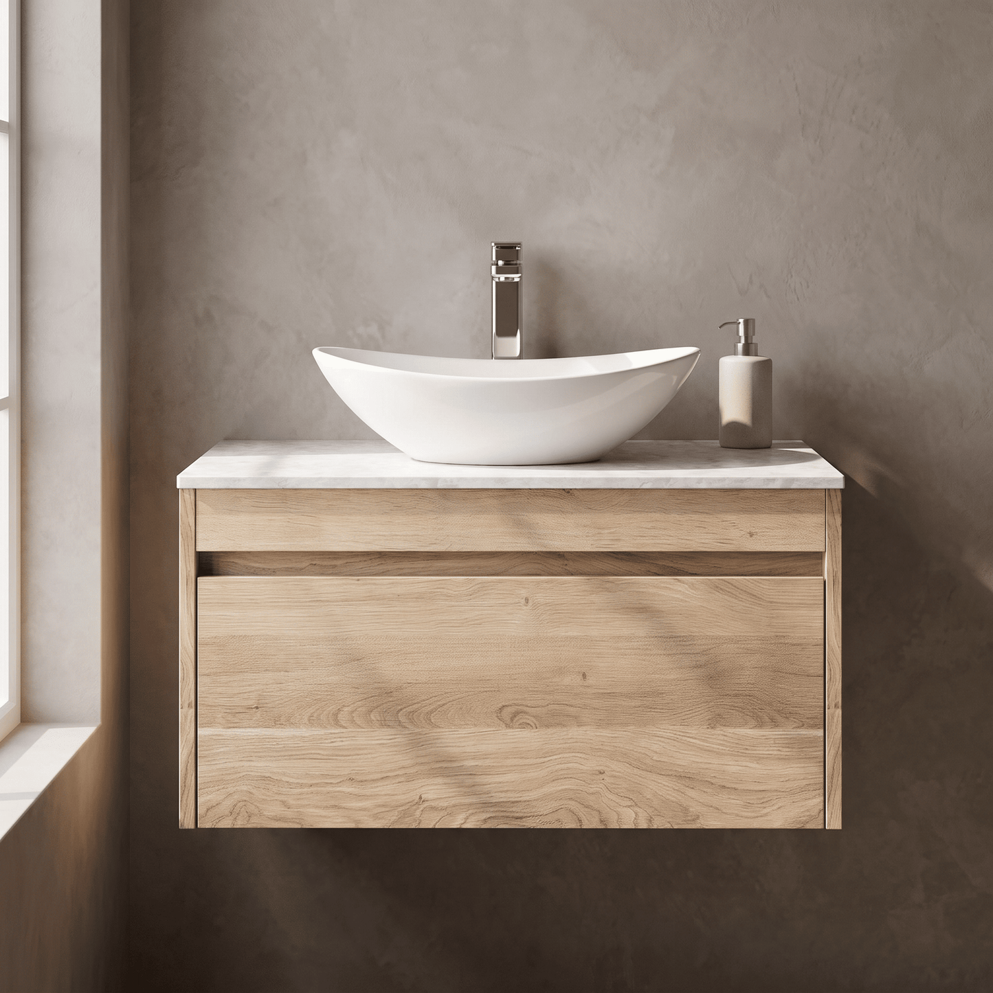 [BFLW3096WMT] Swainsley Contemporary Wall Hung 1 Drawer Vanity Unit with White Marble Top - Choice of Size and Colour - Silo