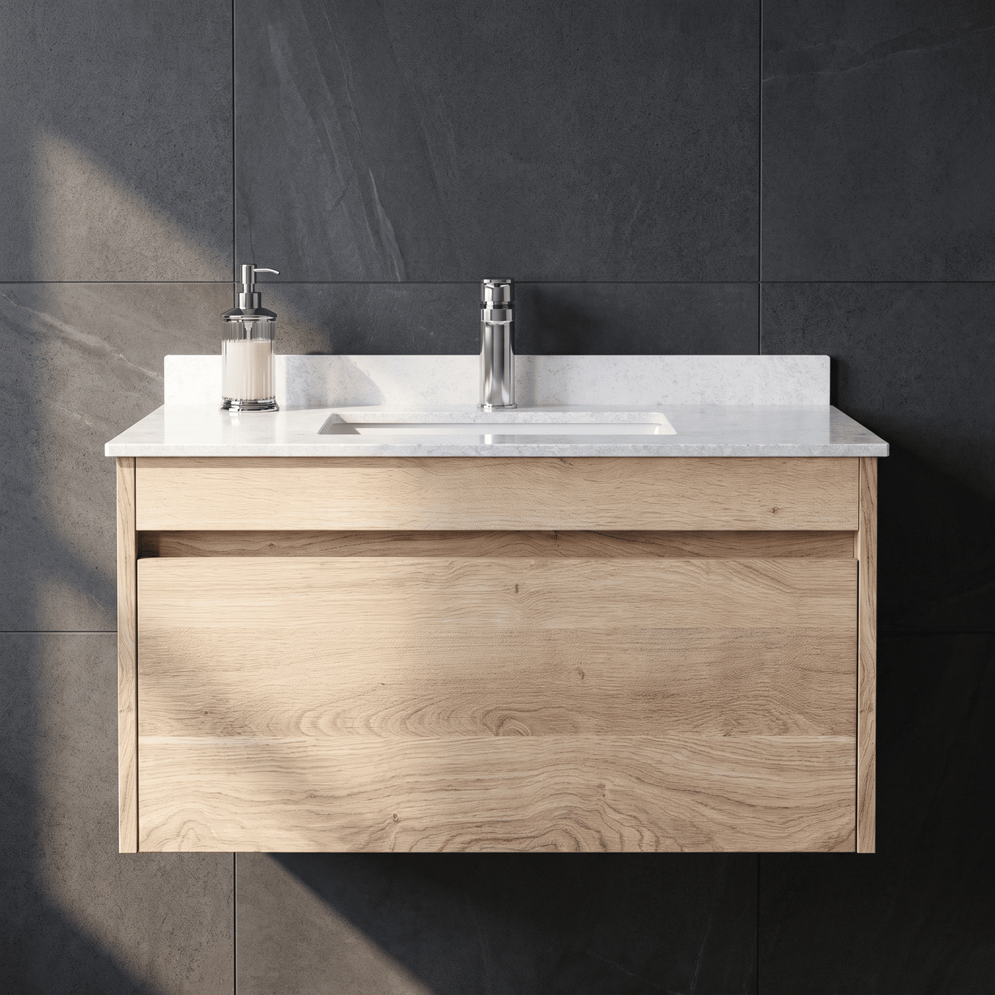 [BFLW3096WS1] Swainsley Contemporary Wall Hung 1 Drawer Vanity Unit with Marble Top with Basin - Choice of Size and Colour - Silo