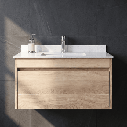 [BFLW3096WS1] Swainsley Contemporary Wall Hung 1 Drawer Vanity Unit with Marble Top with Basin - Choice of Size and Colour - Silo