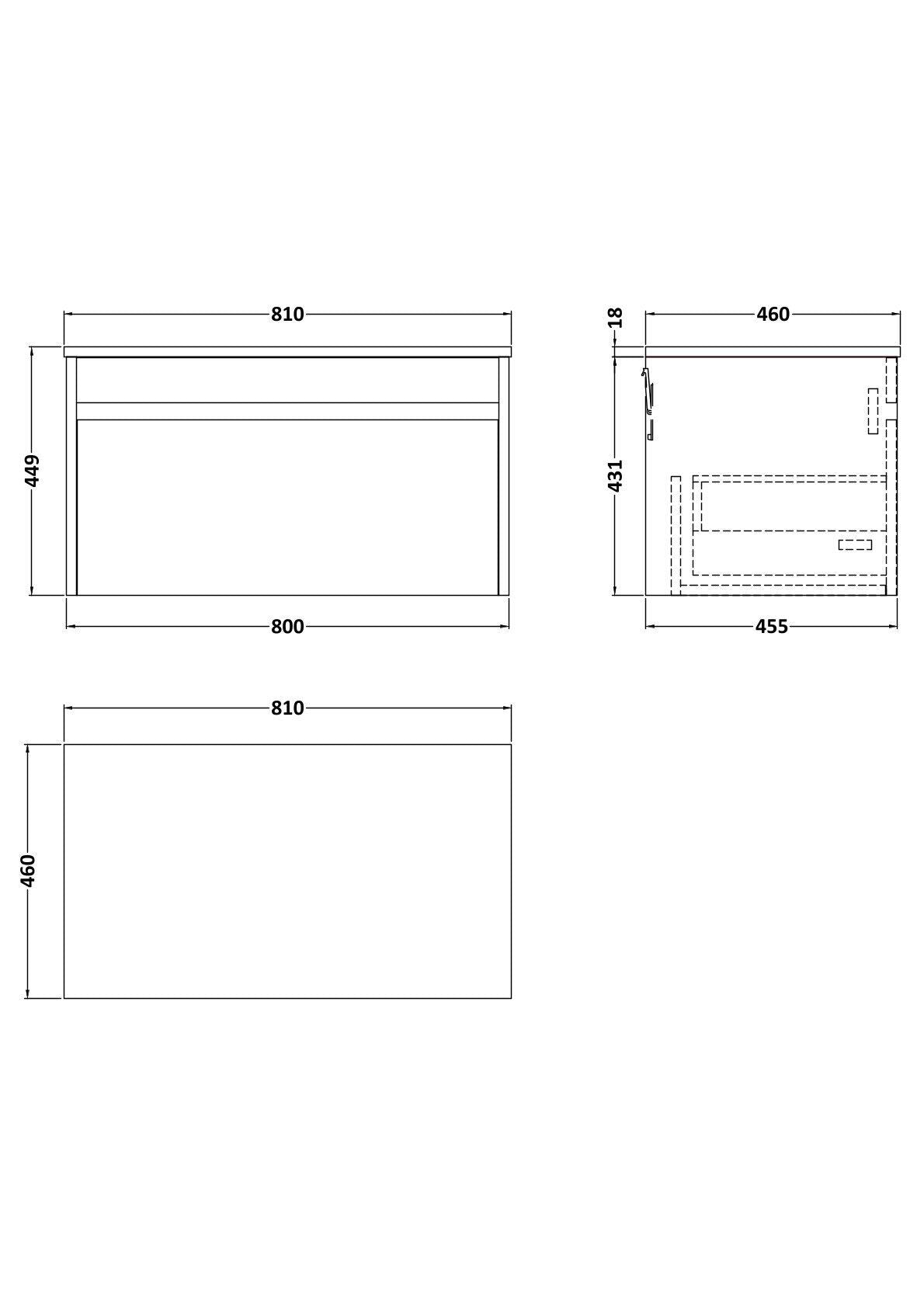 [BFLW3096W] Swainsley Contemporary Wall Hung 1 Drawer Vanity Unit with Laminate Worktop - Choice of Size and Colour - Technical Drawing