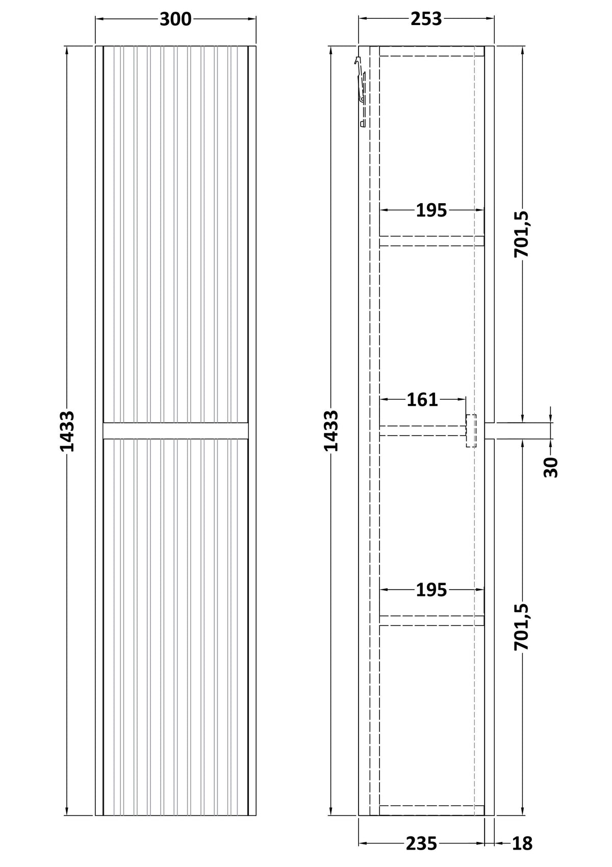 [BFMF3863] Wilbrighton Contemporary Fluted Wall Hung 2 Door Tall Storage Unit, 320mm - Choice of Colour - Line Drawing