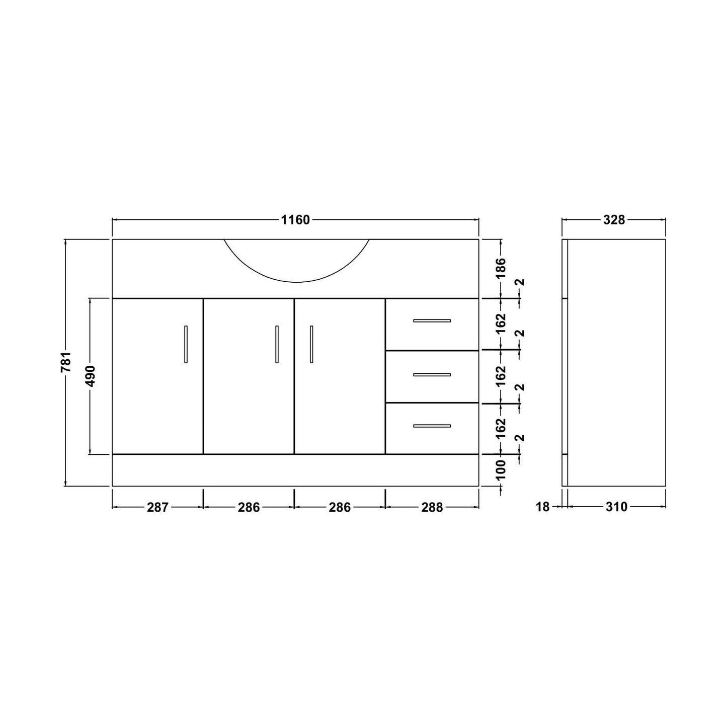 [BFOR107] 1200 PR Std Basin Unit - Technical Drawing