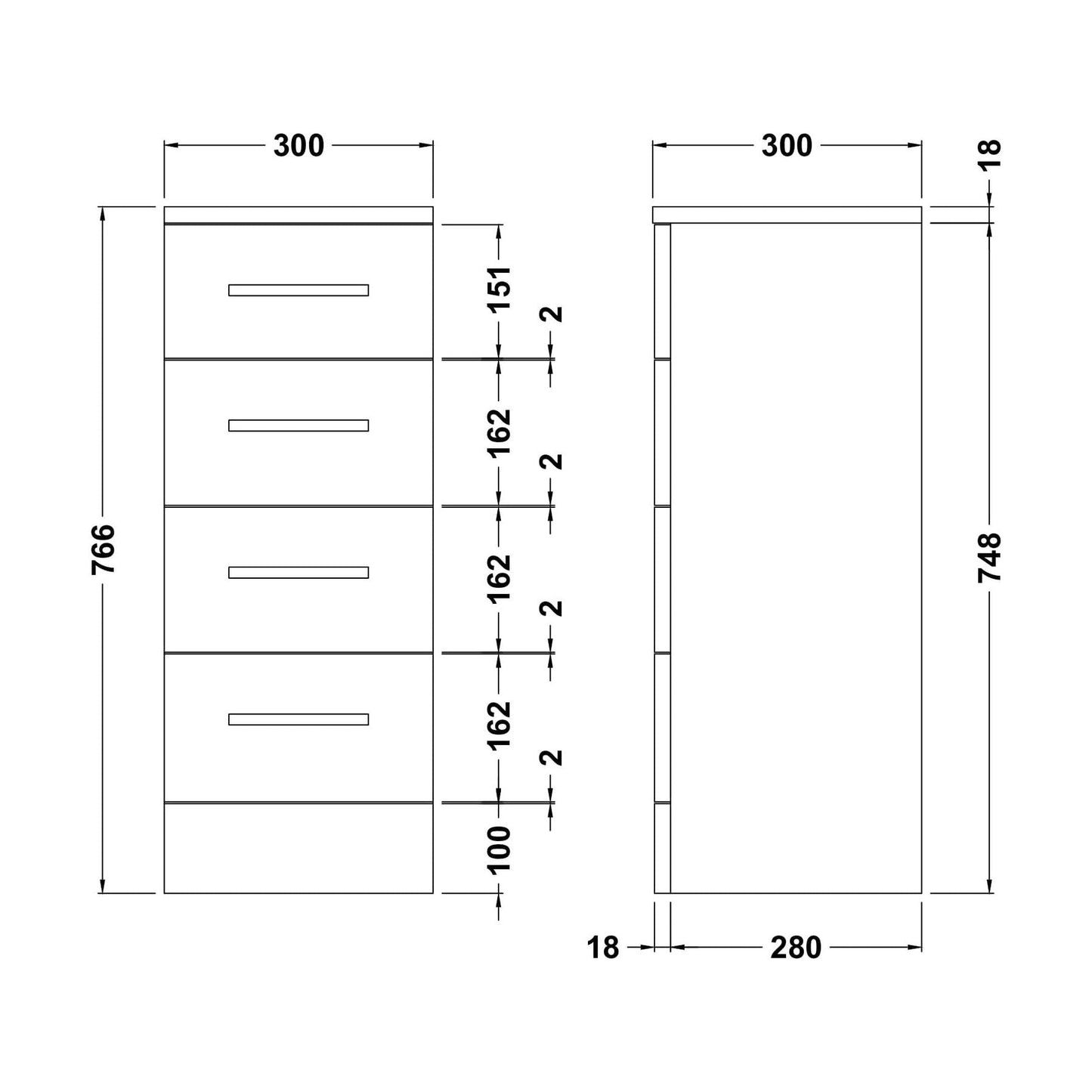 [BFOR133] Slimline 4 Drawer Unit - 300mm - Gloss White - Technical Drawing