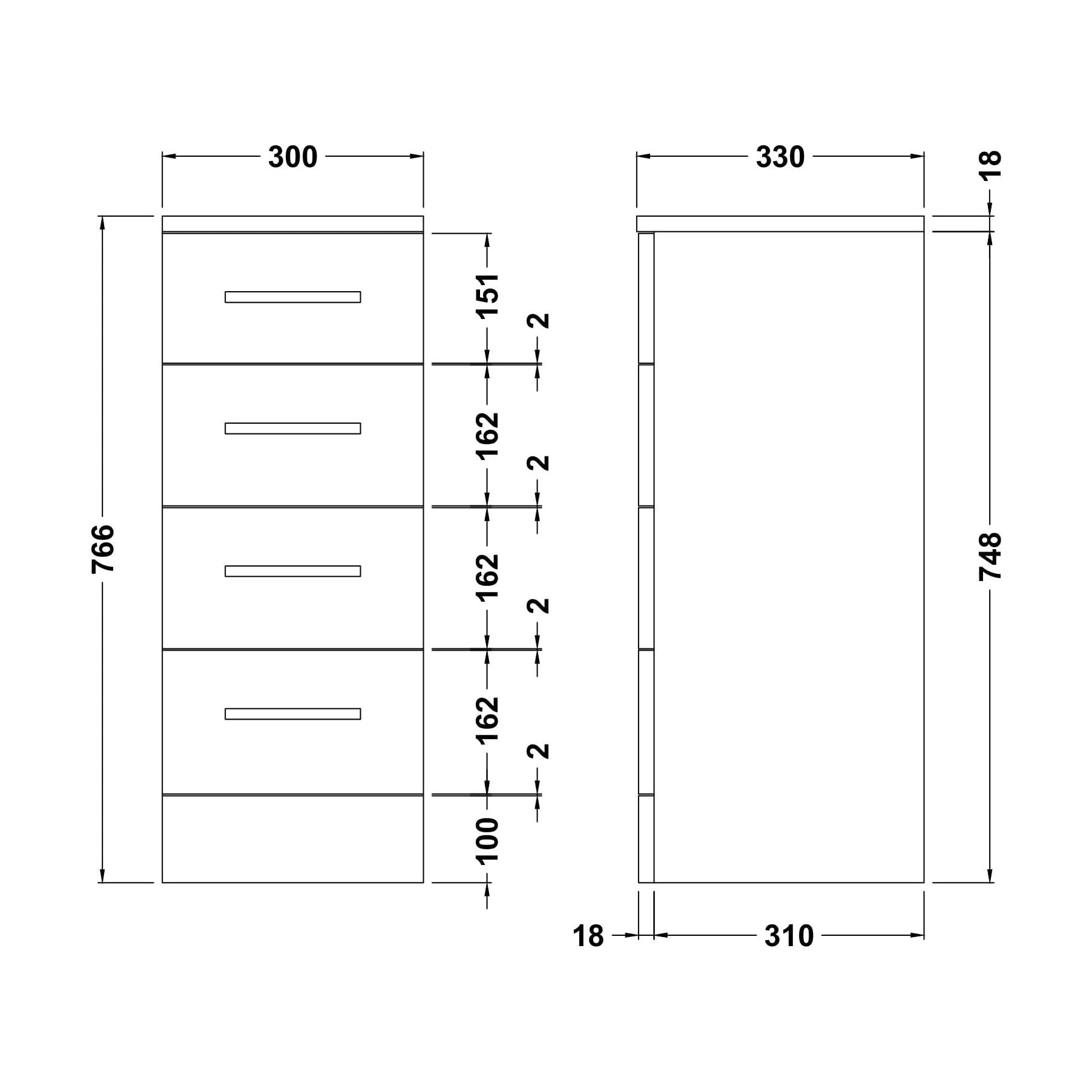 [BFOR134] Floor Standing 4 Drawer Bathroom Unit - 300mm - Gloss White - Technical Drawing