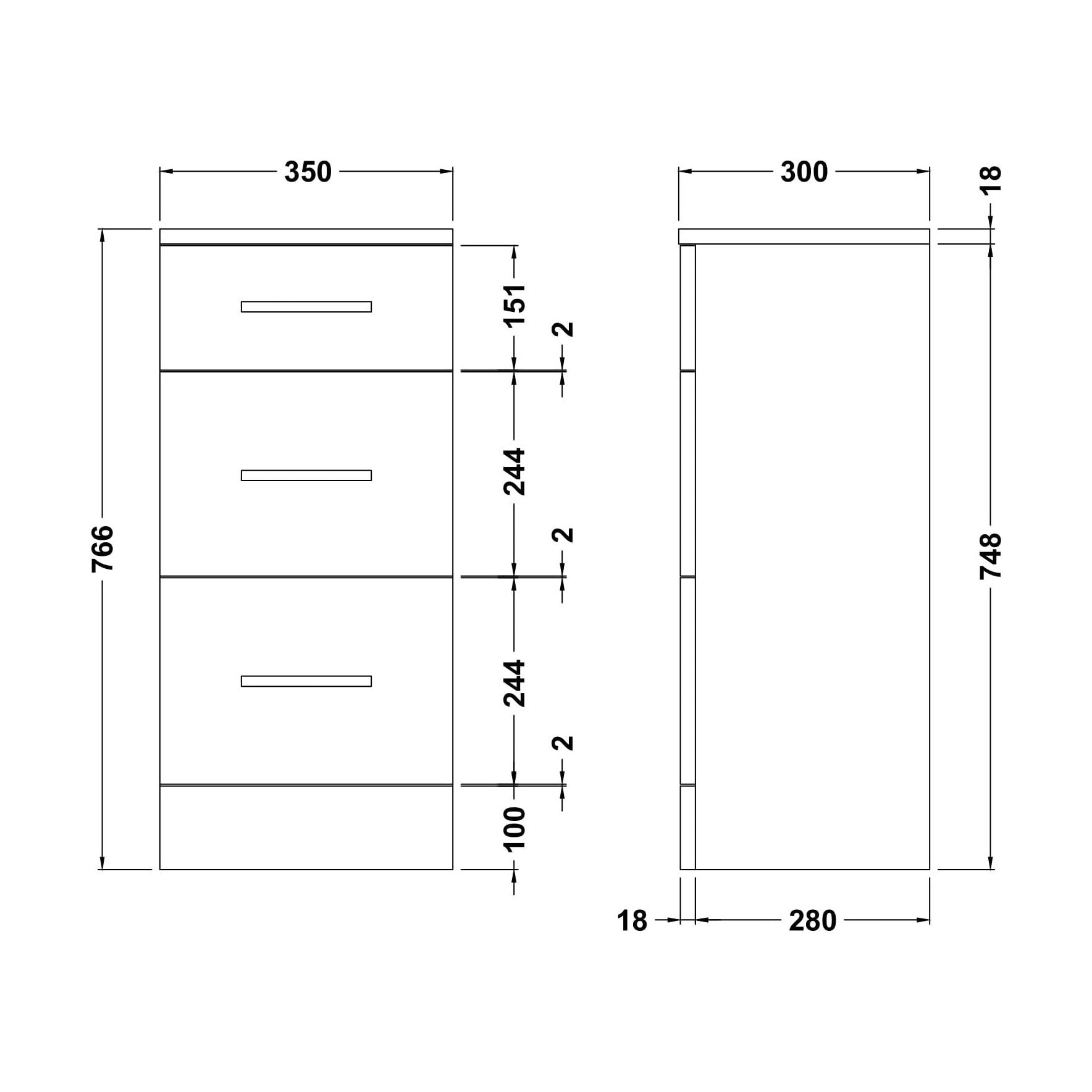 [BFOR135] Slimline 3 Drawer Unit - 350mm - Gloss White - Technical Drawing