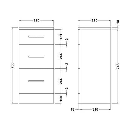 [BFOR136] Floor Standing 3 Drawer Bathroom Unit - 350mm - Gloss White - Technical Drawing