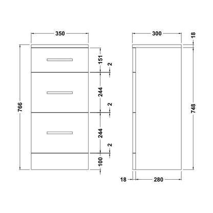 [BFOR1435] Hamstall Modern Bathroom Floor Standing 3 Drawer Unit – 350 x 300mm, Dark Grey - Technical Drawing