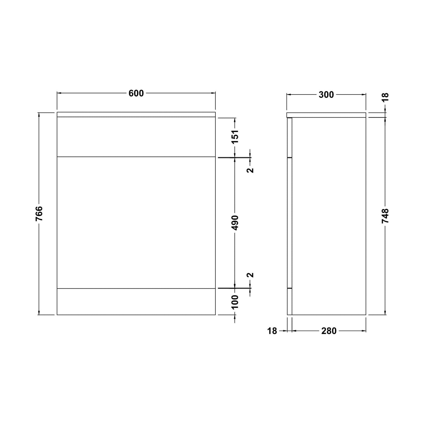 [BFOR143] Slimline WC Unit   - 600mm - Gloss White - Technical Drawing