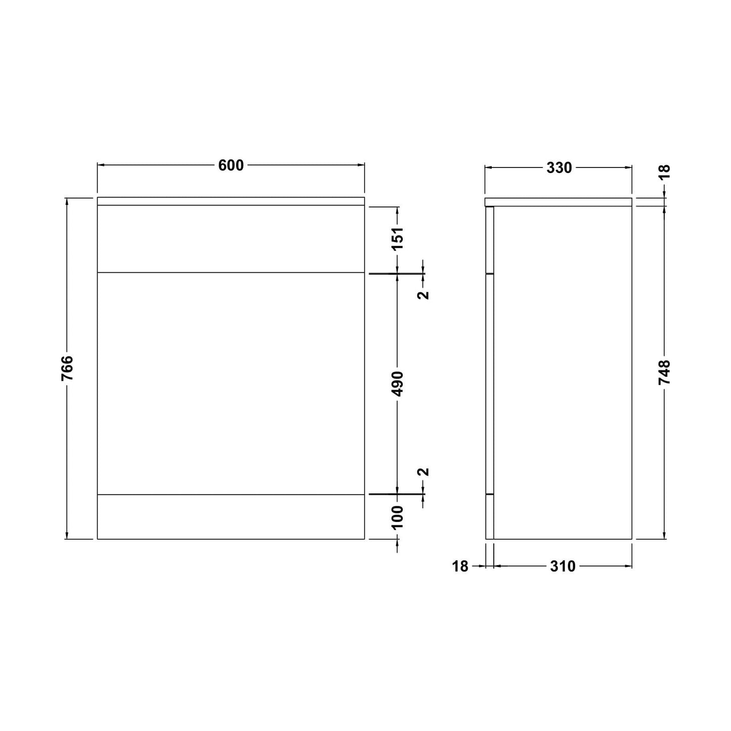 [BFOR144] WC Unit   - 600mm - Gloss White - Technical Drawing