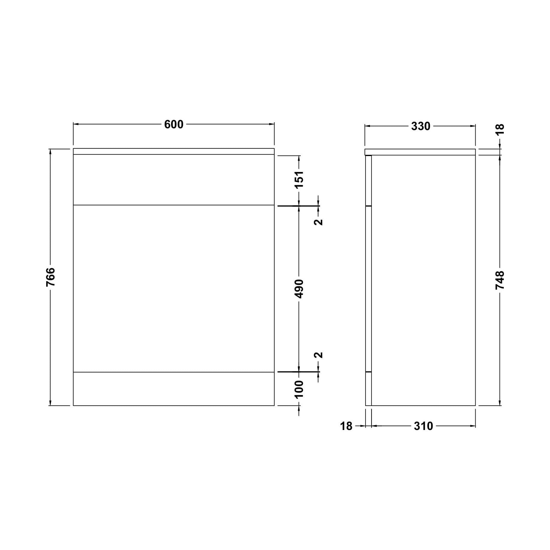 [BFOR144] WC Unit   - 600mm - Gloss White - Technical Drawing