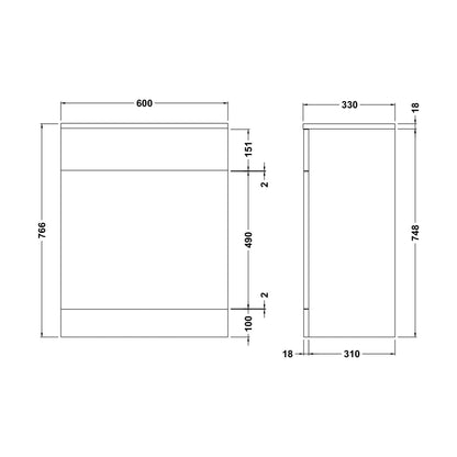 [BFOR144] WC Unit   - 600mm - Gloss White - Technical Drawing