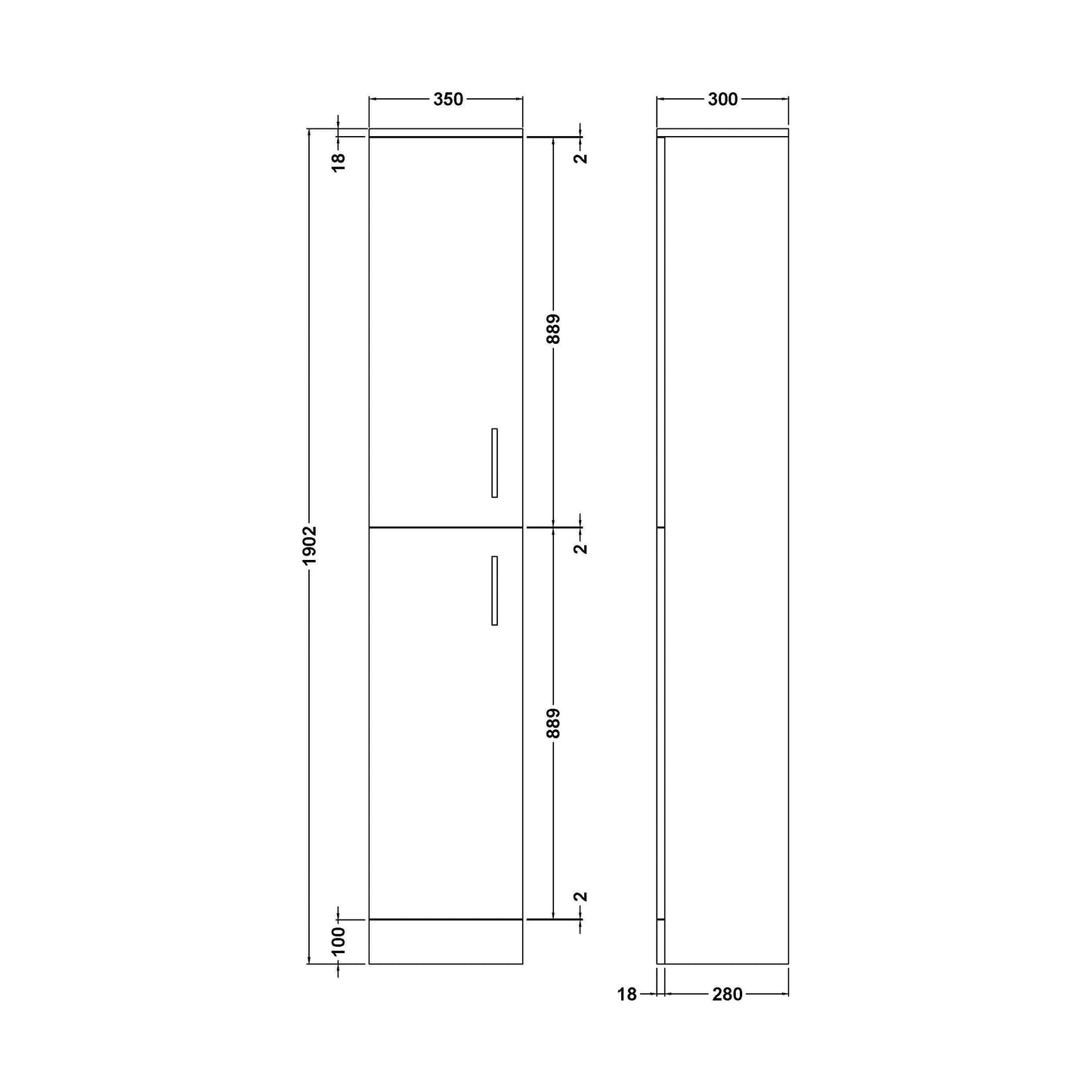 [BFOR1461] Hamstall Modern Bathroom Tall 2-Door Storage Unit – 350 x 300mm, Dark Grey - Technical Drawing