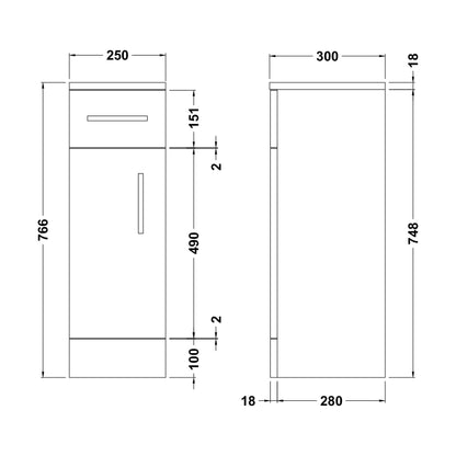 [BFOR1471] Hamstall Floor Standing 1 Door 1 Drawer Storage Cabinet, Satin Dark Grey, 250 x 300mm - Technical Drawing