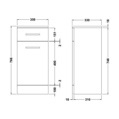 [BFOR154] Floor Standing Bathroom Laundry Basket - 350mm - Gloss White - Technical Drawing