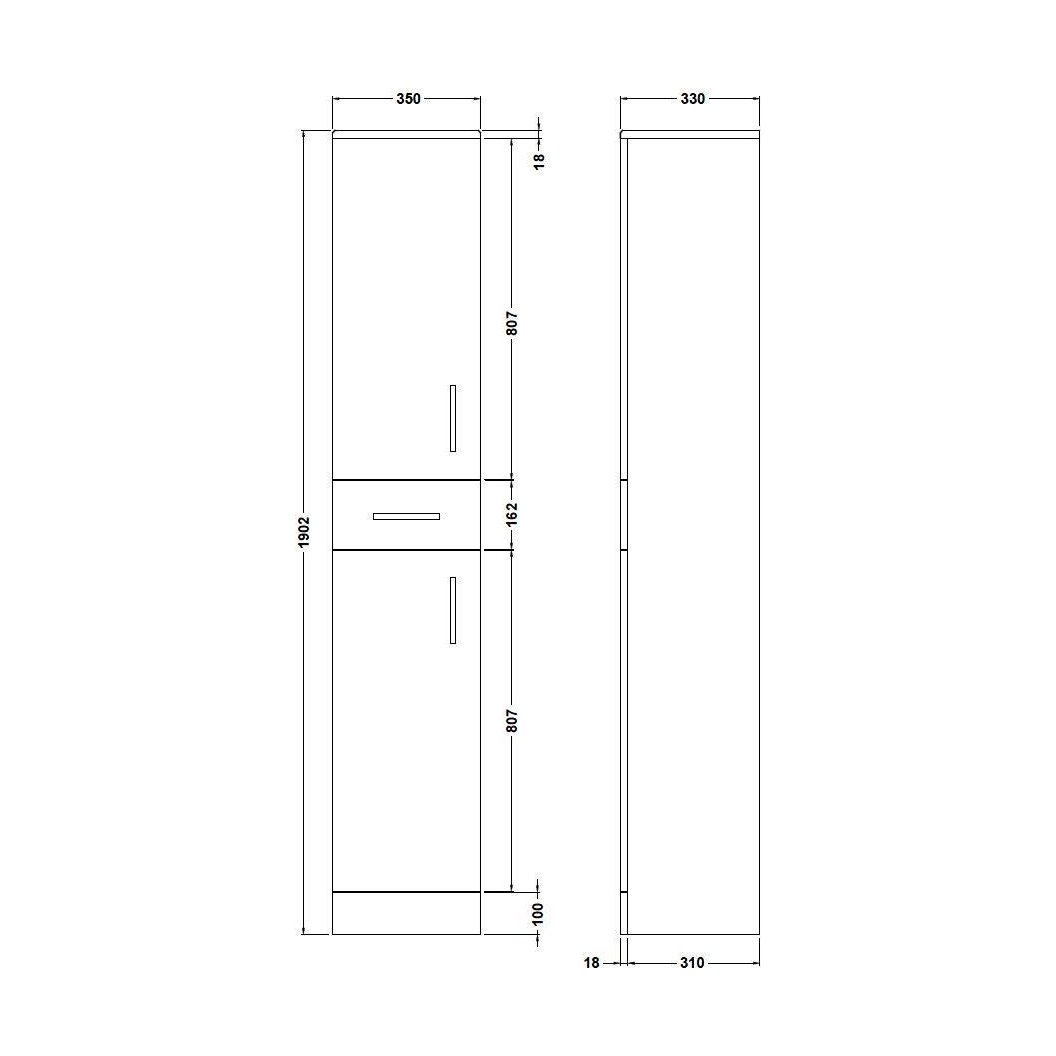 [BFOR164] Floor Standing Tall Bathroom Unit - 350mm - Gloss White - Technical Drawing