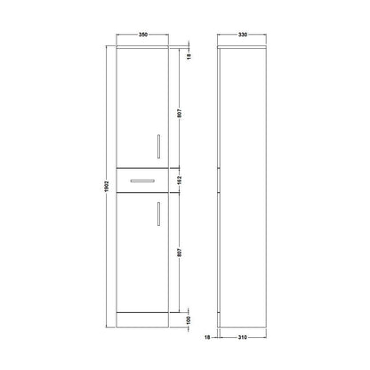 [BFOR164] Floor Standing Tall Bathroom Unit - 350mm - Gloss White - Technical Drawing