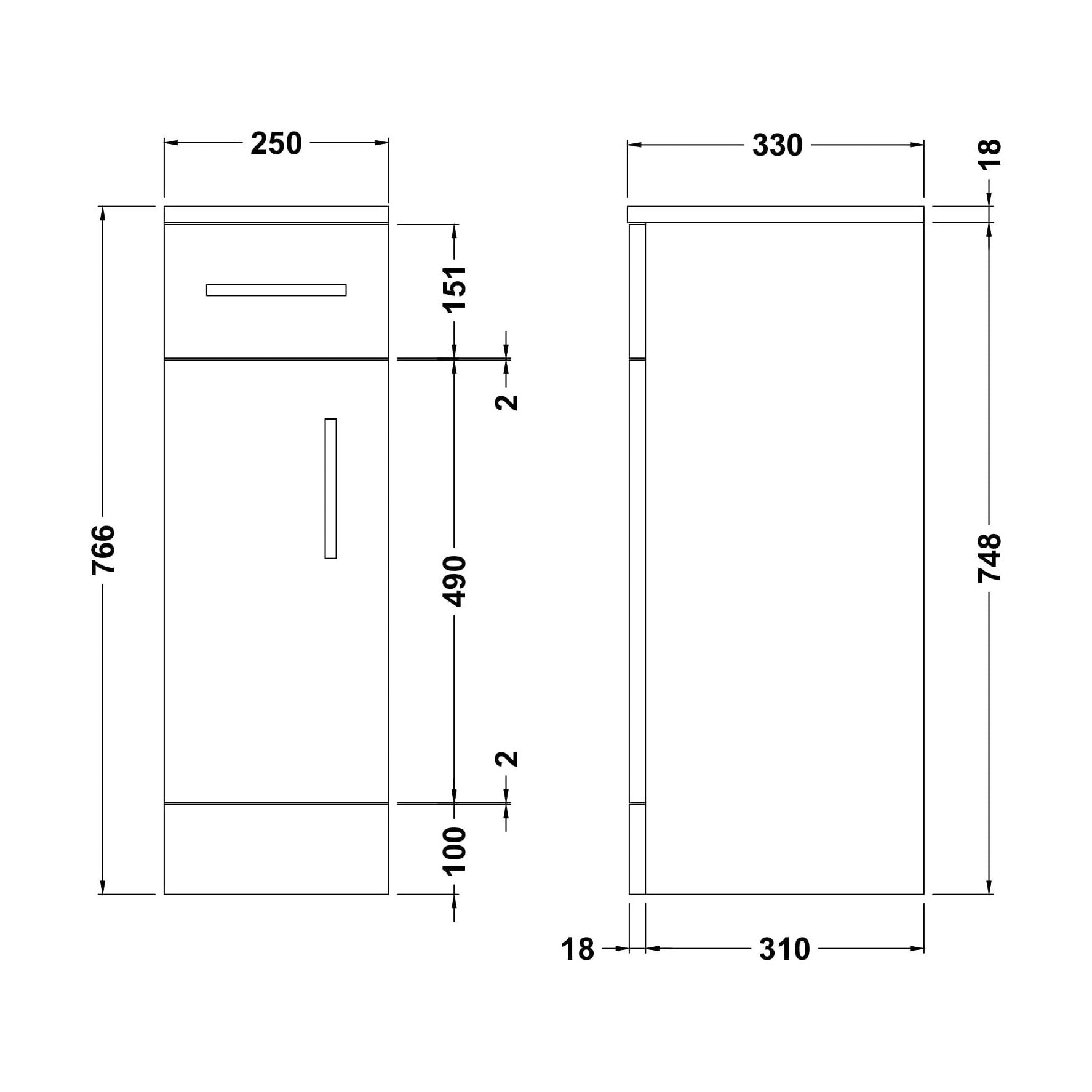 [BFOR172] Floor Standing Bathroom Cupboard - 250mm - Gloss White - Technical Drawing
