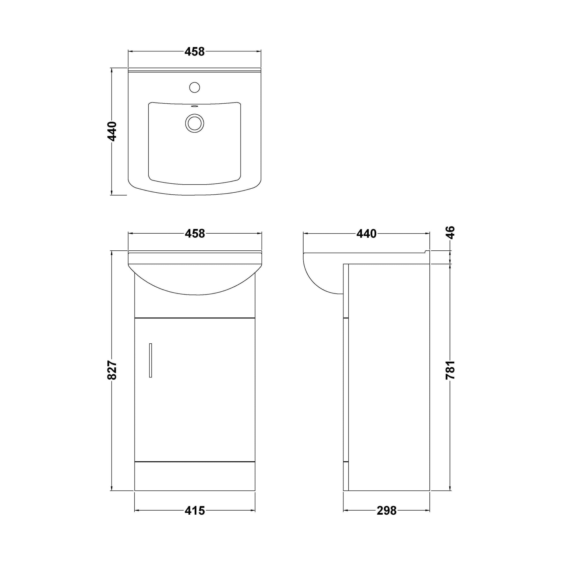 [BFORM450SB] Hamstall Dark Grey Floor Standing Vanity Unit with Basin - Soft Close Doors, Choice of Size & Basin Style - Technical Drawing
