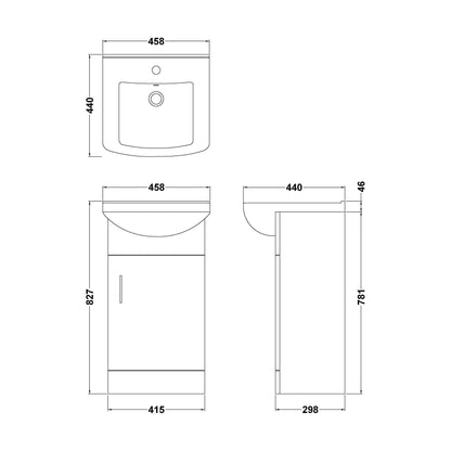 [BFORM450SB] Hamstall Dark Grey Floor Standing Vanity Unit with Basin - Soft Close Doors, Choice of Size & Basin Style - Technical Drawing