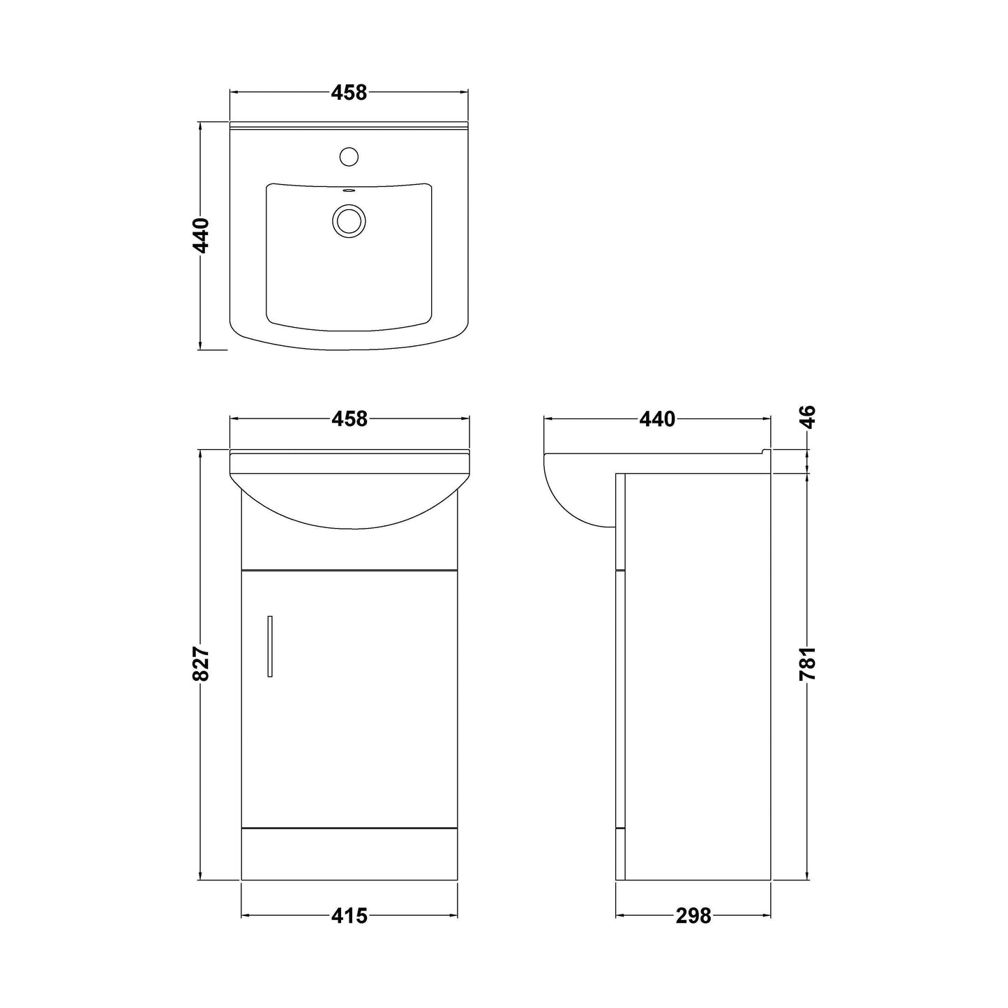 [BFORM450] 1 Door Vanity Basin Unit with Square Basin - 450mm - Gloss White - Technical Drawing
