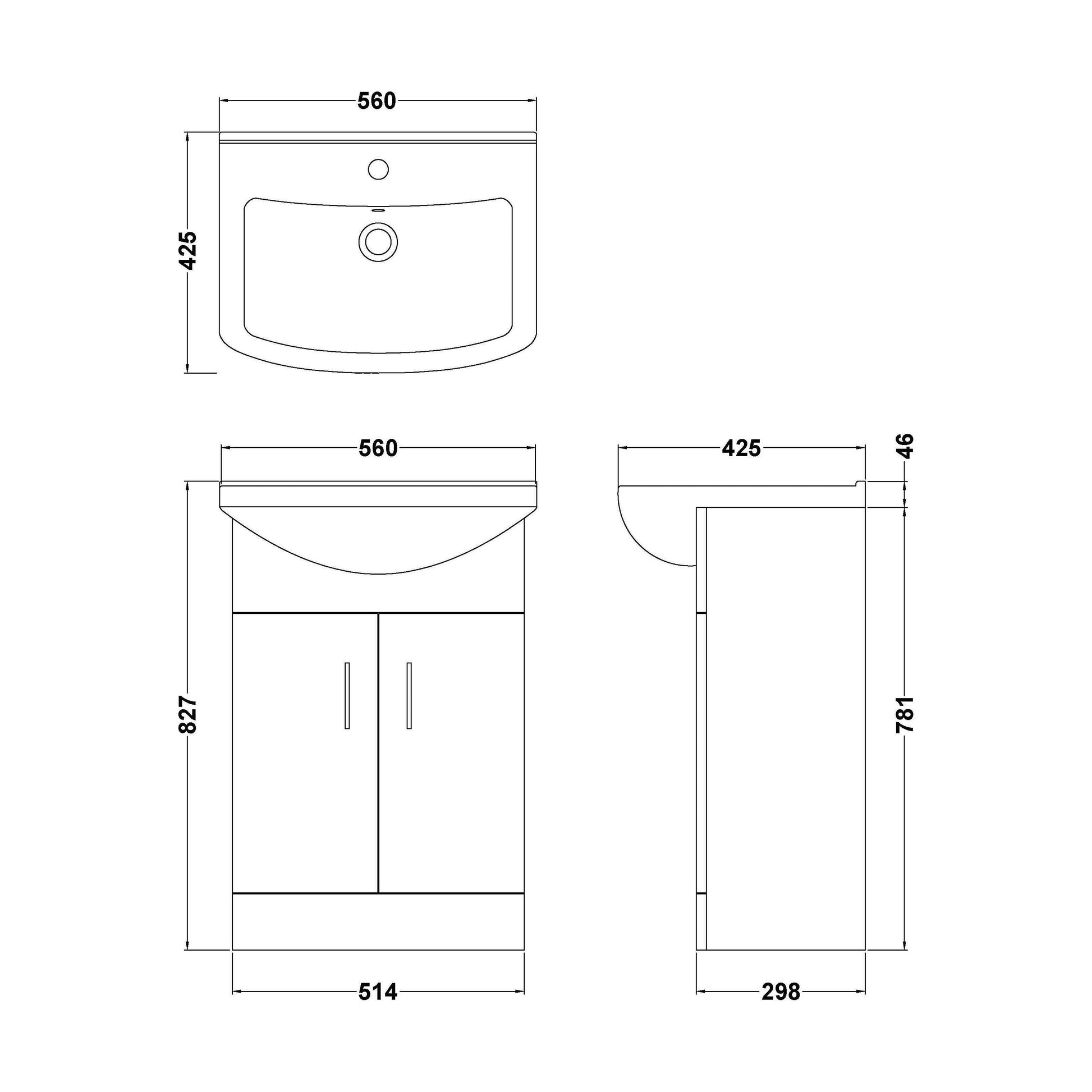 [BFORM550SB] Modern Floor Standing Bathroom 2 Door Vanity and Rectangular Basin Unit - 550mm, Satin Dark Grey, Soft Close Doors - Technical Drawing