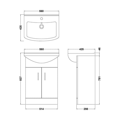 [BFORM550SB] Modern Floor Standing Bathroom 2 Door Vanity and Rectangular Basin Unit - 550mm, Satin Dark Grey, Soft Close Doors - Technical Drawing