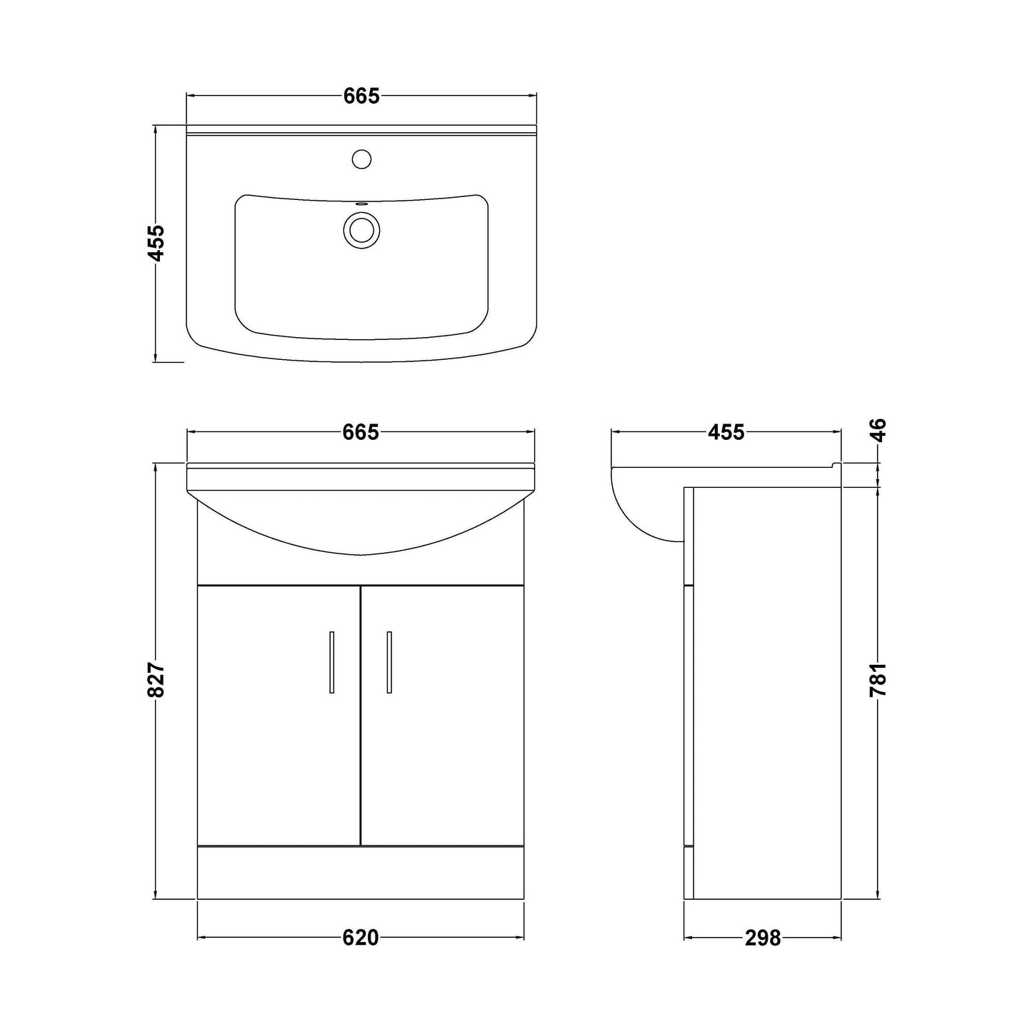 [BFORM650SB] Hamstall Dark Grey Floor Standing Vanity Unit with Basin - Soft Close Doors, Choice of Size & Basin Style - Technical Drawing