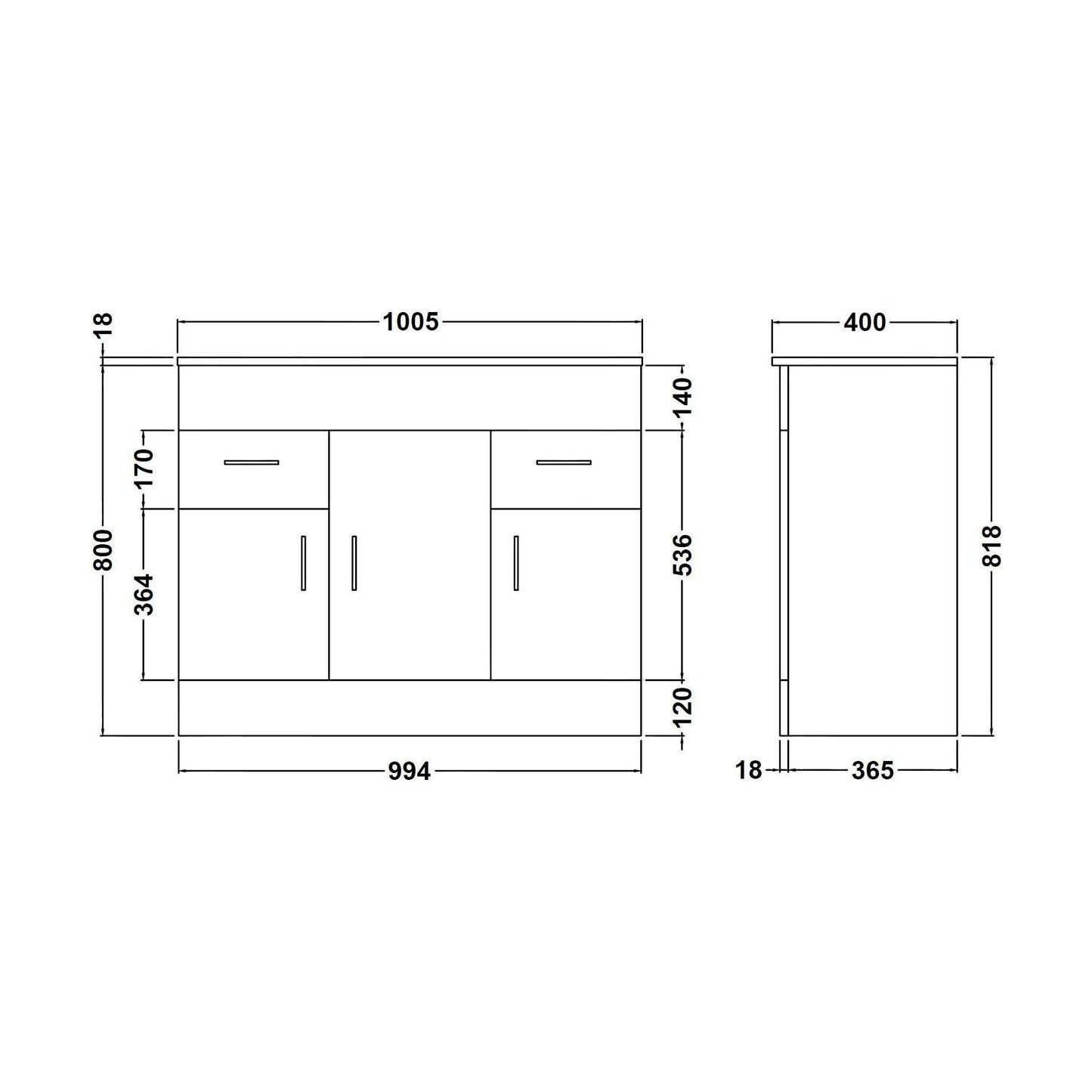 [BFORW1000M] Balterley 1000mm 3 Door 2 Drawer Gloss White Floor Standing Cabinet With Basin - Technical Drawing