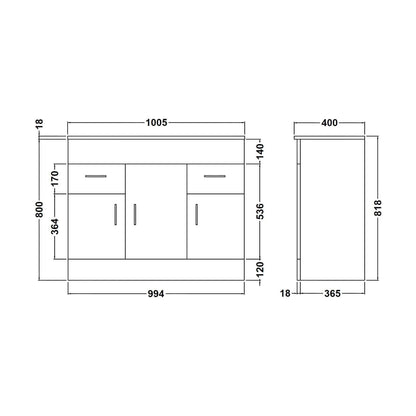 [BFORW1000M] Balterley 1000mm 3 Door 2 Drawer Gloss White Floor Standing Cabinet With Basin - Technical Drawing
