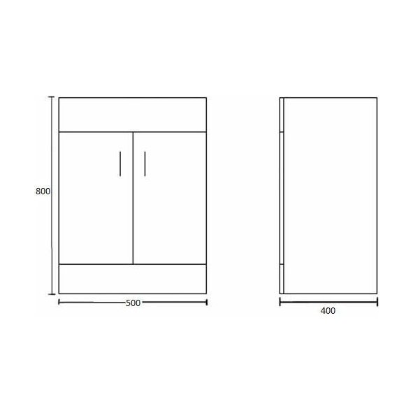 [BFORW500M] Balterley 500mm 2 Door Gloss White Floor Standing Cabinet With Basin - Technical Drawing