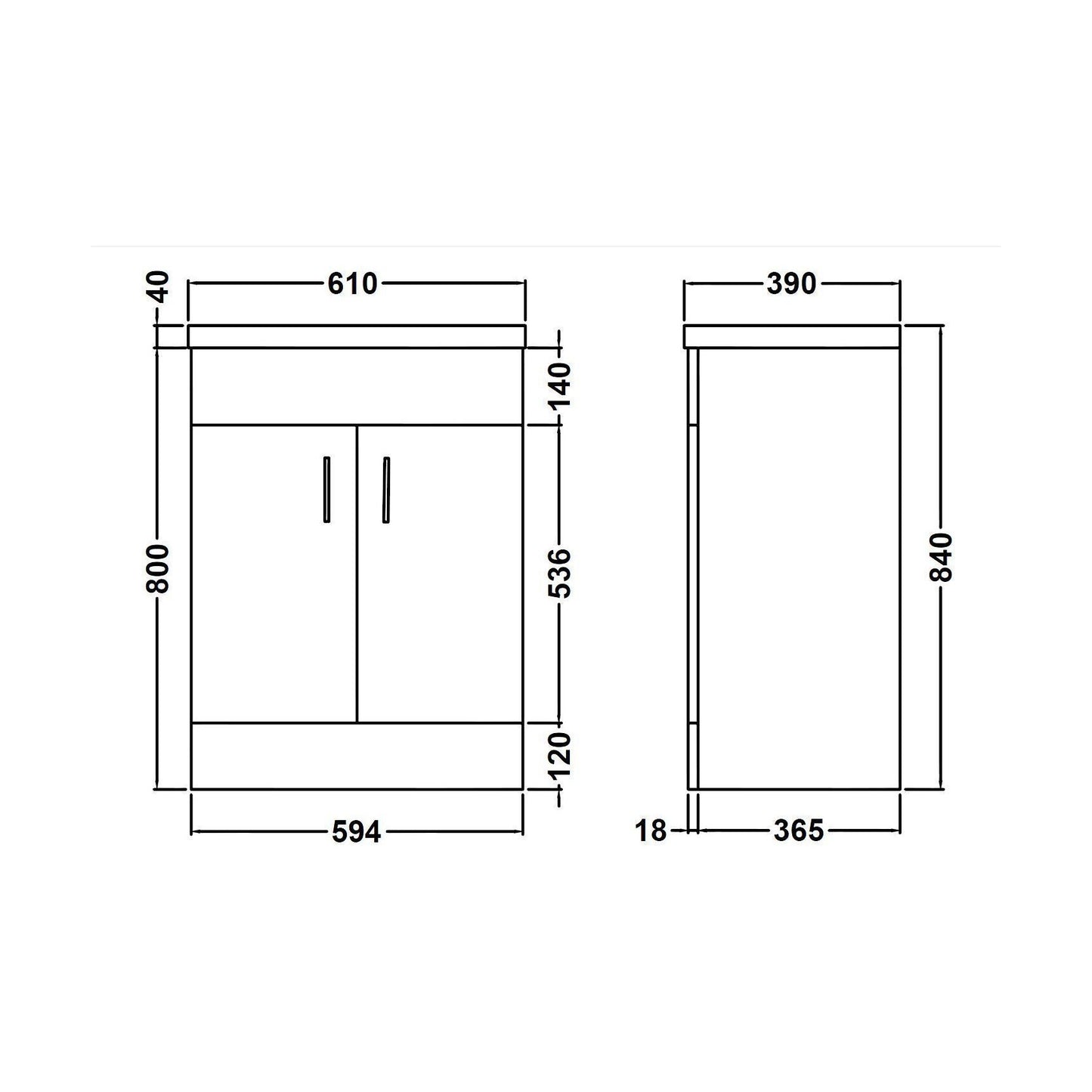 [BFORW600E] Balterley 600mm 2 Door Gloss White Floor Standing Cabinet With Basin - Technical Drawing