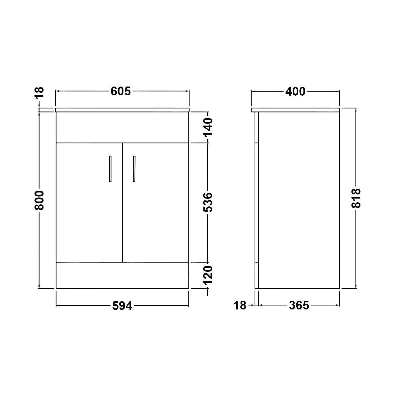 [BFORW600M] Balterley 600mm 2 Door Gloss White Floor Standing Cabinet With Basin - Technical Drawing