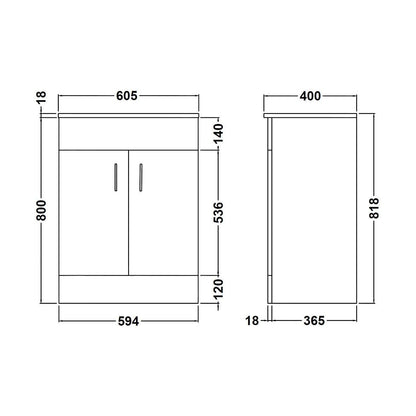 [BFORW600M] Balterley 600mm 2 Door Gloss White Floor Standing Cabinet With Basin - Technical Drawing