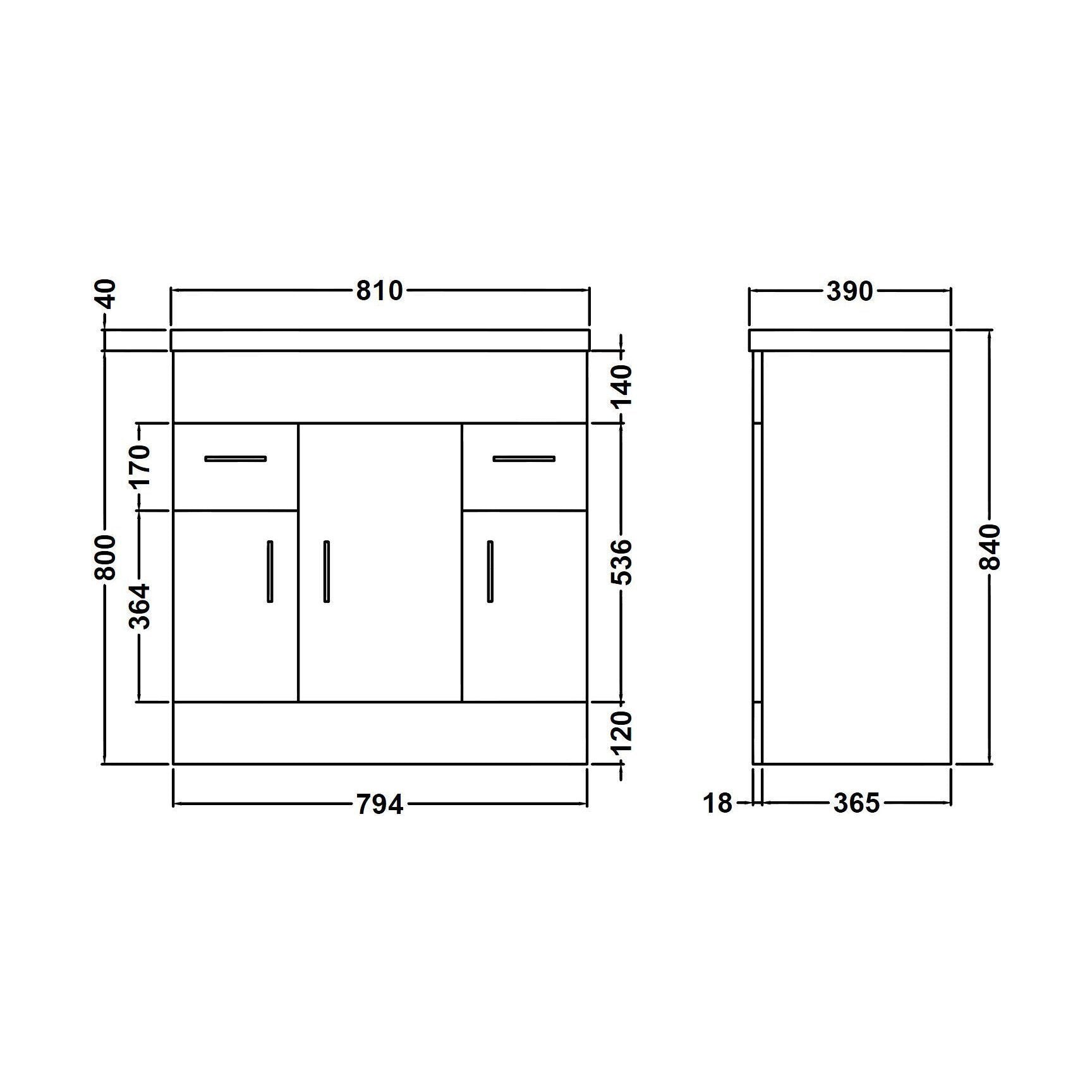 [BFORW800M] Balterley 800mm 3 Door 2 Drawer Gloss White Floor Standing Cabinet With Basin - Technical Drawing
